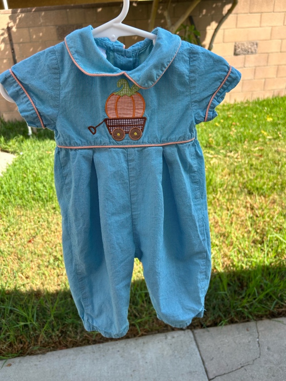 Toddler Blue Corduroy Pumpkin Wagon Romper
